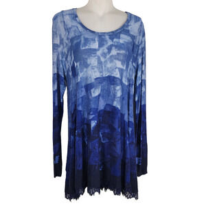 LOGO Lori Goldstein Womens Printed Swing Top Lace Hem Size Large Blue A297081